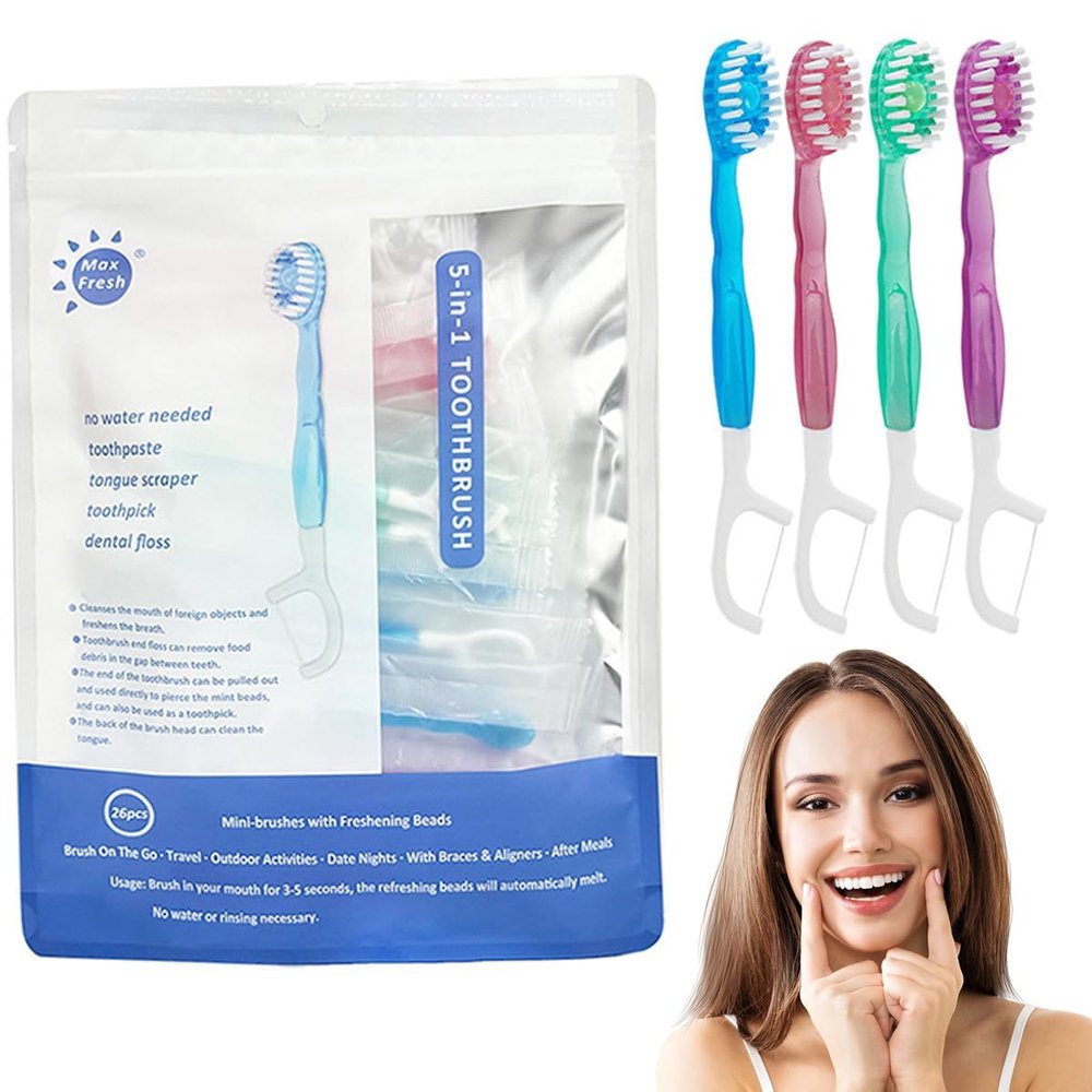 26 Packs 5 in 1 Mini Toothbrush & Floss & Tongue Scraper & Toothpick Set, Disposable Toothbrushes with Toothpaste, On The Go Toothbrush Disposable with 4 Flavors, Portable Oral Care for Travel Work