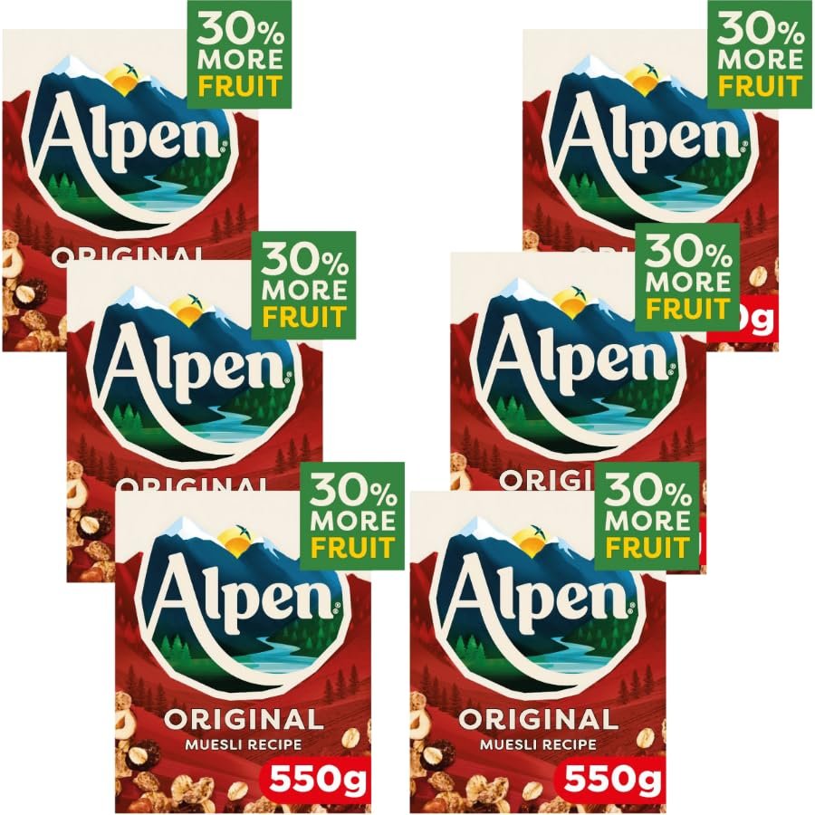 Muesli Bundle with Alpen The Original Swiss Style Muesli 550g - 6 Pack | Wholegrain Wheatflakes & Rolled Oats with Raisins and Roasted Sliced Hazelnuts and Almonds.