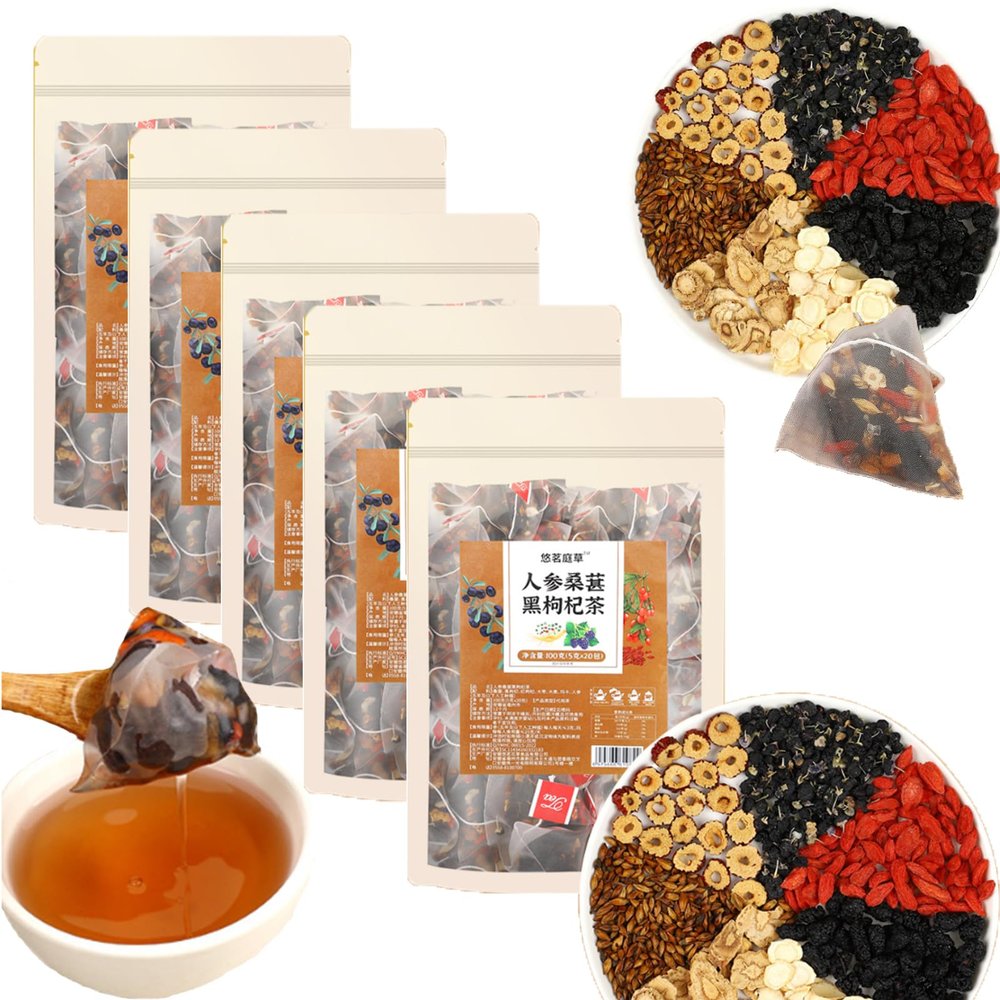 Sip into Nature with Every Cup of Ginseng Six Treasure Tea, Kidney tea formula Ginseng Eight Treasures Tea, Natural Liver and Kidney Care Pure Chinese Herbal Medicine Five Treasures teas (100Bag/5Box)