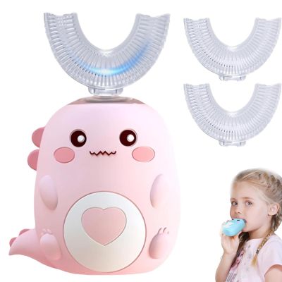 360 Kids Ultrasonic Toothbrush, U Shaped Automatic Toothbrush, Dinosaur Electric Toothbrushes with Silicone Bristles, All-Round Cleaning BPA Free Teeth Brush (for Kids 6-12, Pink)