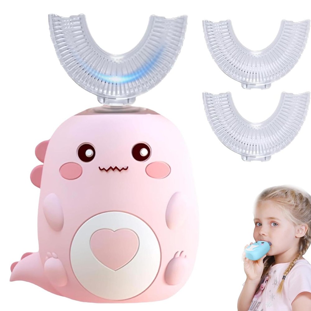 360 Kids Ultrasonic Toothbrush, U Shaped Automatic Toothbrush, Dinosaur Electric Toothbrushes with Silicone Bristles, All-Round Cleaning BPA Free Teeth Brush (for Kids 6-12, Pink)