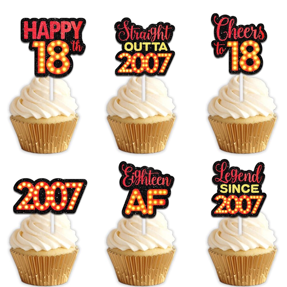 18pcs Red Glitter Dessert Cupcake Topper Pick for Straight Outta 2007 Legend Since 2007 Theme Decor Supplies Men Happy 18th Birthday Party Decorations
