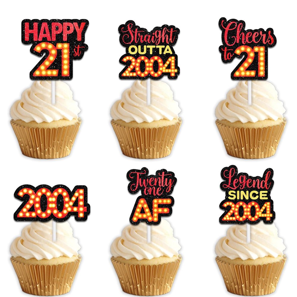 18pcs Red Glitter Dessert Cupcake Topper Pick for Straight Outta 2004 Legend Since 2004 Theme Decor Supplies Men Happy 21st Birthday Party Decorations