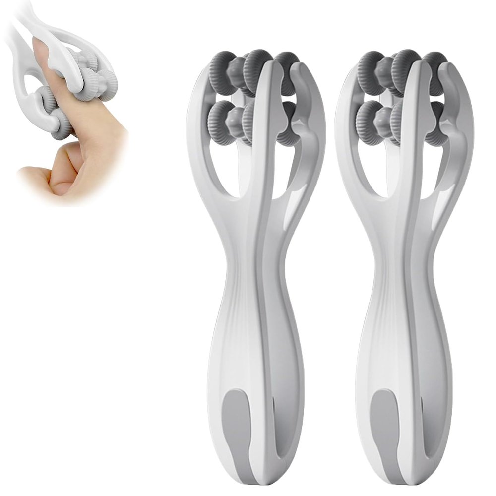 2PCS Double Roller Massager for Hands,Massage Roller Non-Slip Grip Trigger Point Tool for Finger Stress Relief, Stiffness, Tingling (Gray)