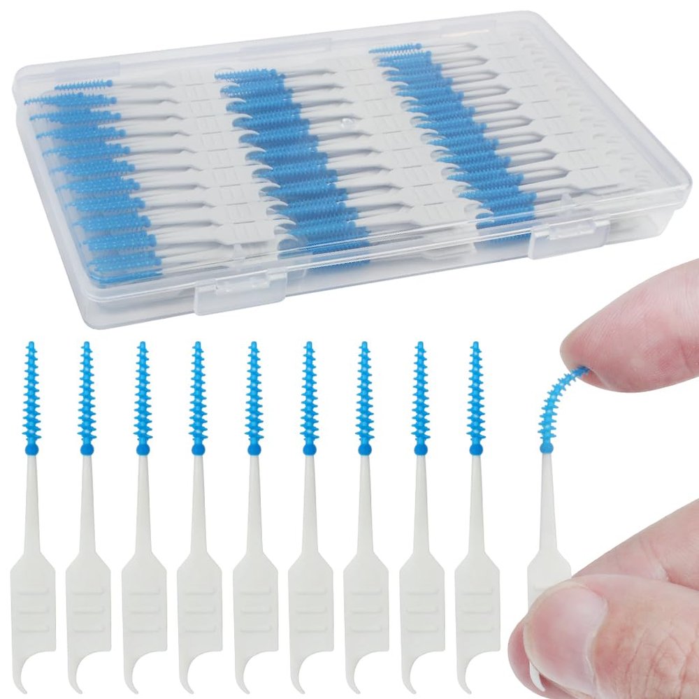 JCF 300 Pieces Interdental Brushes Silicone Dental Floss Sticks Dual-Use Dental Brushes Tooth Gap Brushes Portable Tooth Floss Picks for Braces Oral Cleaning-Blue