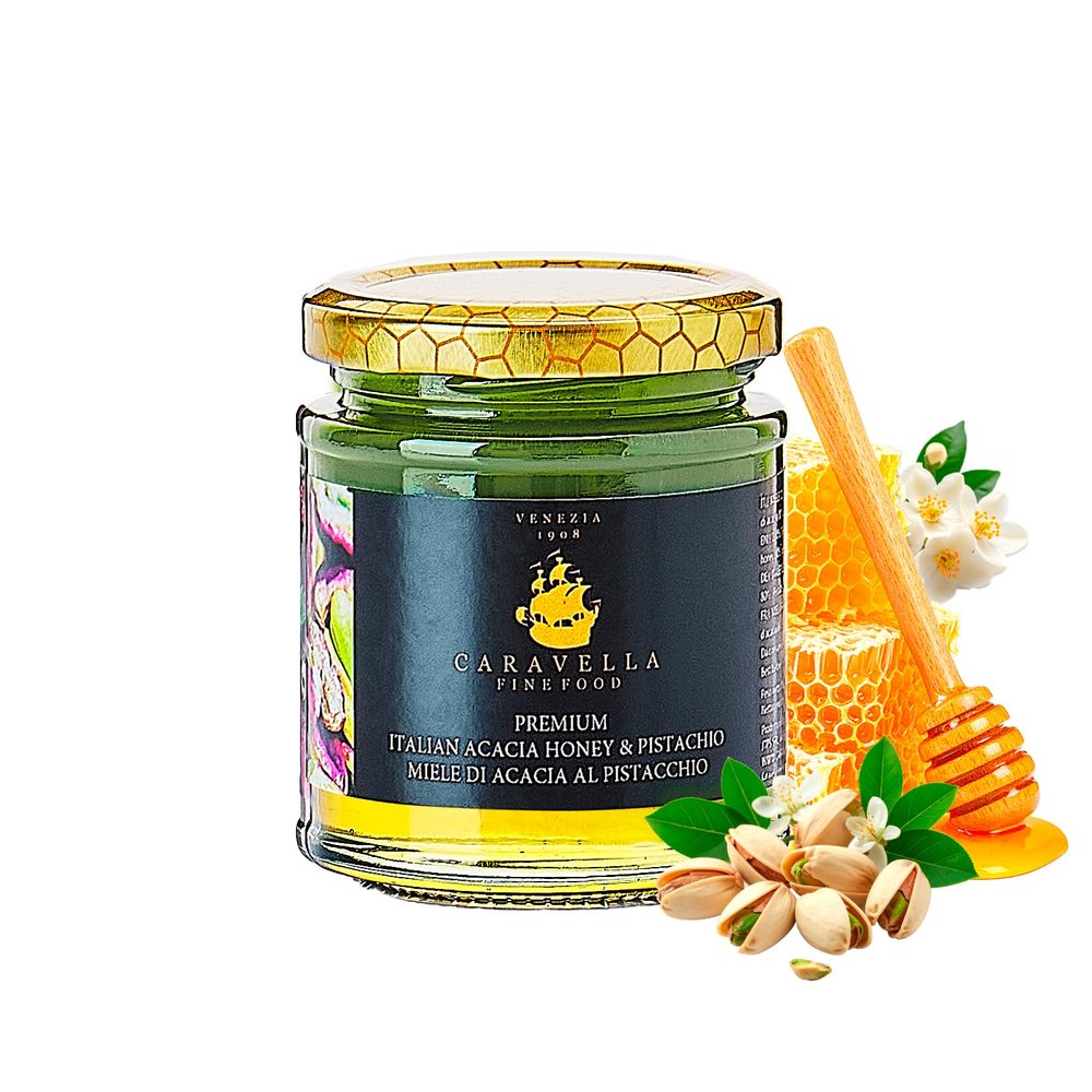 Acacia & Pistachio Honey Spread 250 g Caravella Fine Food | Italian Smooth Creamy Breakfast Delight | Rich Sicilian Pistachio | Spreadable Texture | Perfect for Croissants Pancakes Yogurt Toast Gifts