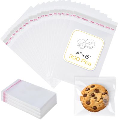 300 Pcs Cookie Bags with Seal, 4x6 Inches Self Sealing Cellophane Bags, Clear Cookie Bag Resealable Treat Bags for Packaging Cookies, Candy, Gifts, Favors, 3 Mils Individual Self Adhesive Wrappers