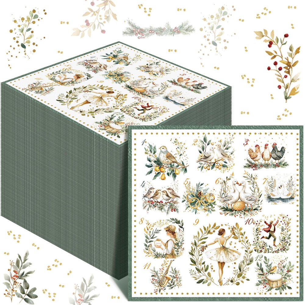 100 Pcs 12 Days of Christmas Napkins 2 Ply Decoupage Winter Holiday Cocktail Paper Napkin 5 x 5 Inch Partridge French Hens Gold Rings Disposable Hand Towel for Christmas Table Party Supplies(Green)