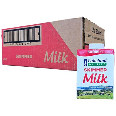 Lakeland Dairies Long Life Skimmed Milk, 500ml Cartons, Pack of 12