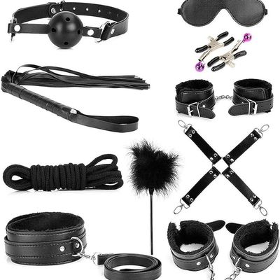 10 Piece Classic Black Leather Indoor High-Intensity Interval Training Fitness Combination Set, With Diverse Functions, Including Training Whips And Leather Wristbands - D1
