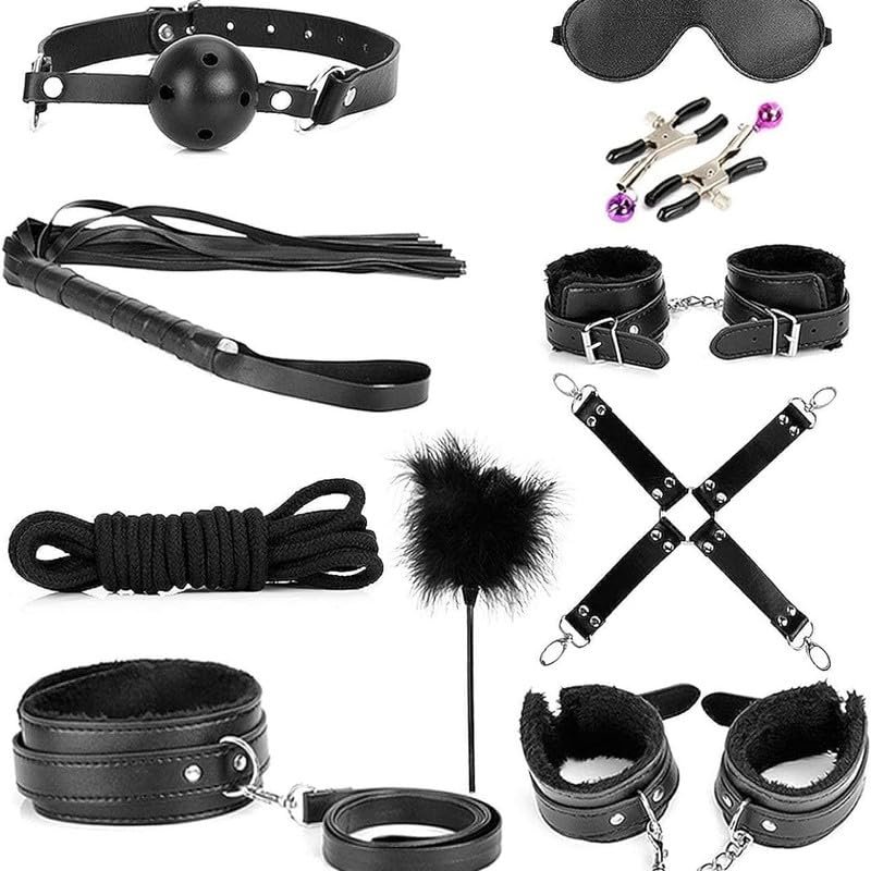 10 Piece Classic Black Leather Indoor High-Intensity Interval Training Fitness Combination Set, With Diverse Functions, Including Training Whips And Leather Wristbands - D1