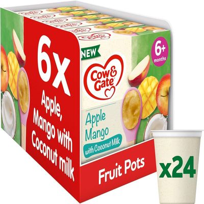 Cow & Gate Baby Food - Apple & Mango with Coconut Milk - Baby, Toddler and Kids Snacks - Fruit Pot Multipack - 6+ Months - 4x95g (24 Pots)