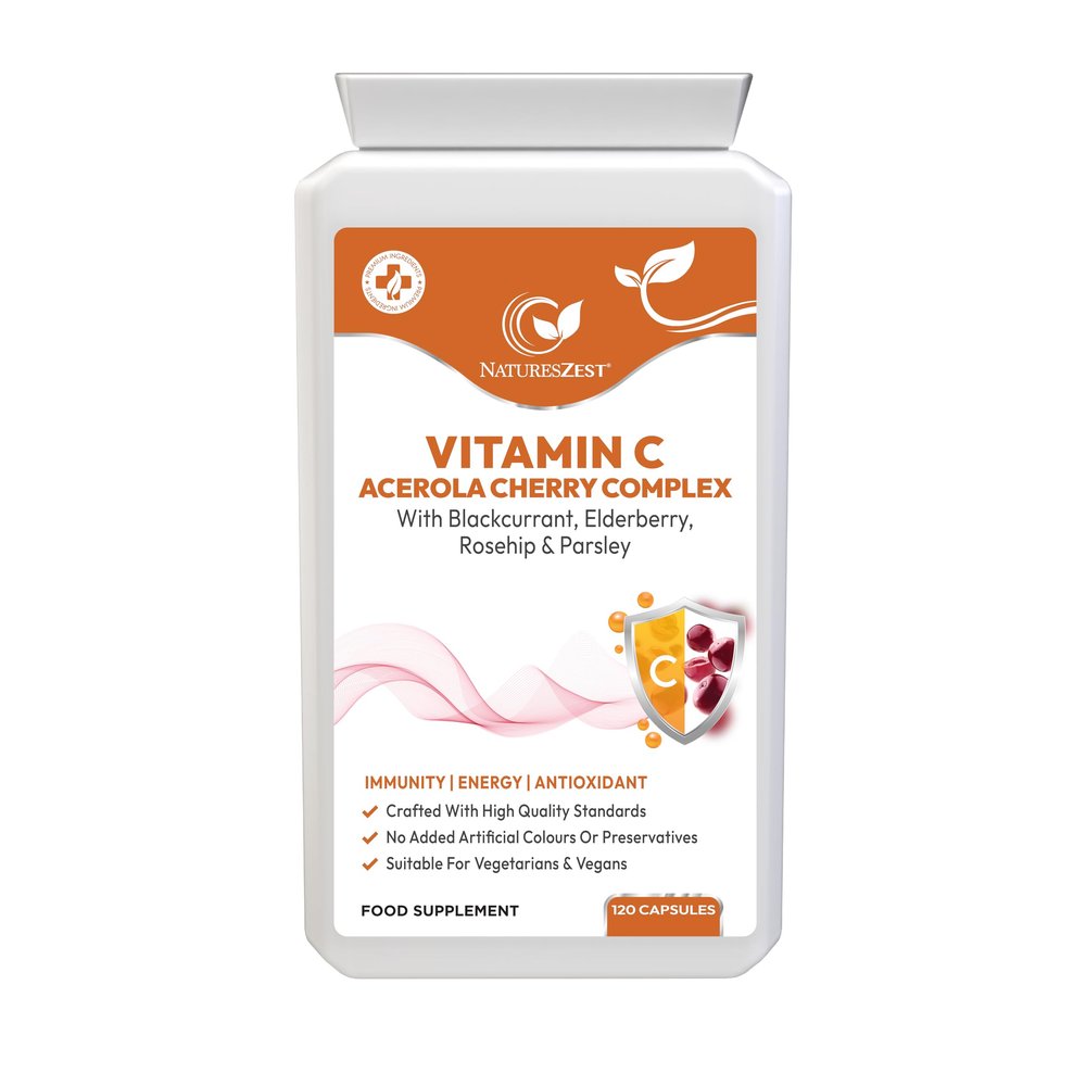 Vitamin C Acerola Cherry Complex 120 Vegan Capsules | High Strength Immune Support with Elderberry, Rosehip, Blackcurrant & Parsley | Natural Vegan Vitamin C | Non-GMO, Made in UK NATURES ZEST