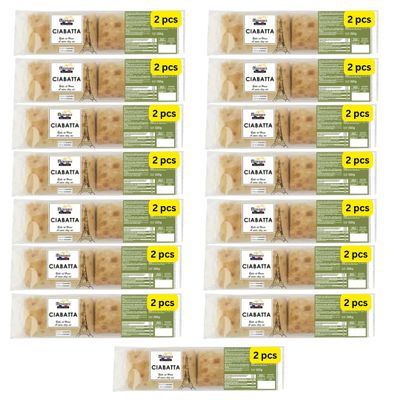 Fresh Ciabatta Rolls, 250g Pack, 2 Rolls Per Bag, Bake at Home (15 Packs of 2)