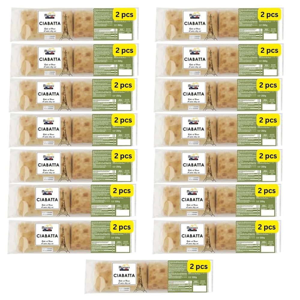 Fresh Ciabatta Rolls, 250g Pack, 2 Rolls Per Bag, Bake at Home (15 Packs of 2)