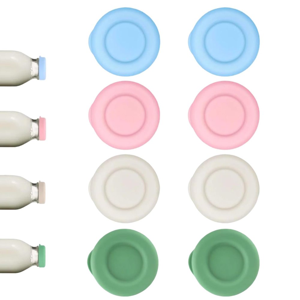 8 Pack Reusable Silicone Replacement Tops, Leakproof Milk Bottle Tops, Perfect Fit for UK Standard Glass Milk Bottles with Lids, Dishwasher Safe Glass Milk Bottle Caps for Daily Use
