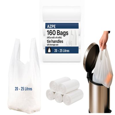 160 Tie Handle Bags, Fits Pedal Bin Liners 15L - 25L, Swing Bin Liners, Waste Bags for Home, Kitchen, Bathroom, White scent free, muti uses (40 bags a roll x 4)