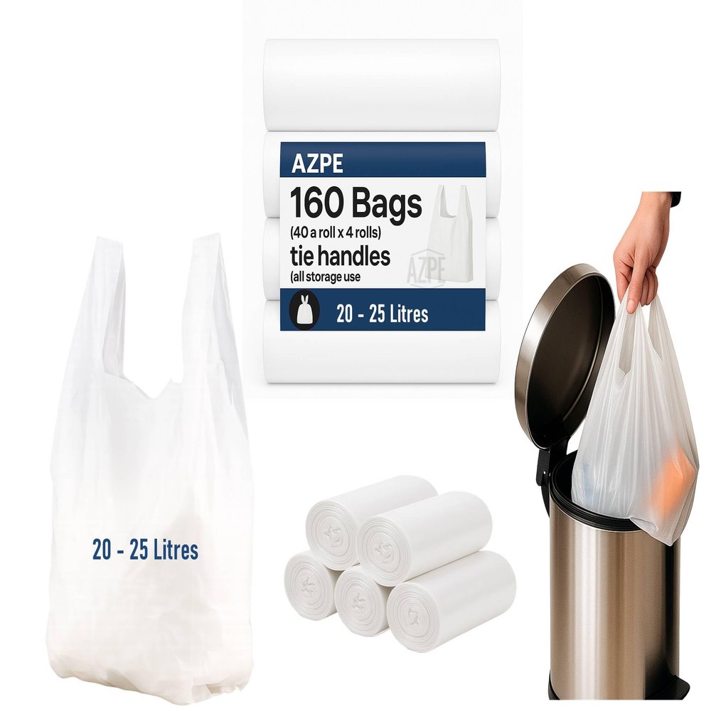 160 Tie Handle Bags, Fits Pedal Bin Liners 15L - 25L, Swing Bin Liners, Waste Bags for Home, Kitchen, Bathroom, White scent free, muti uses (40 bags a roll x 4)
