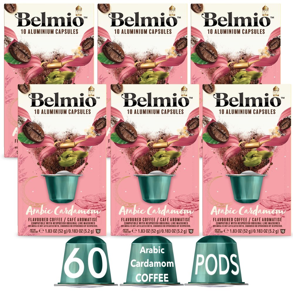 Belmio Arabic Cardamom Flavour Aluminium Nespresso Original Compatible Coffee Pods Rainforest Alliance Certified 60 Capsules (6 x 10 packs) Espresso with the Spiced Aroma & Essence of Sweet Cardamom