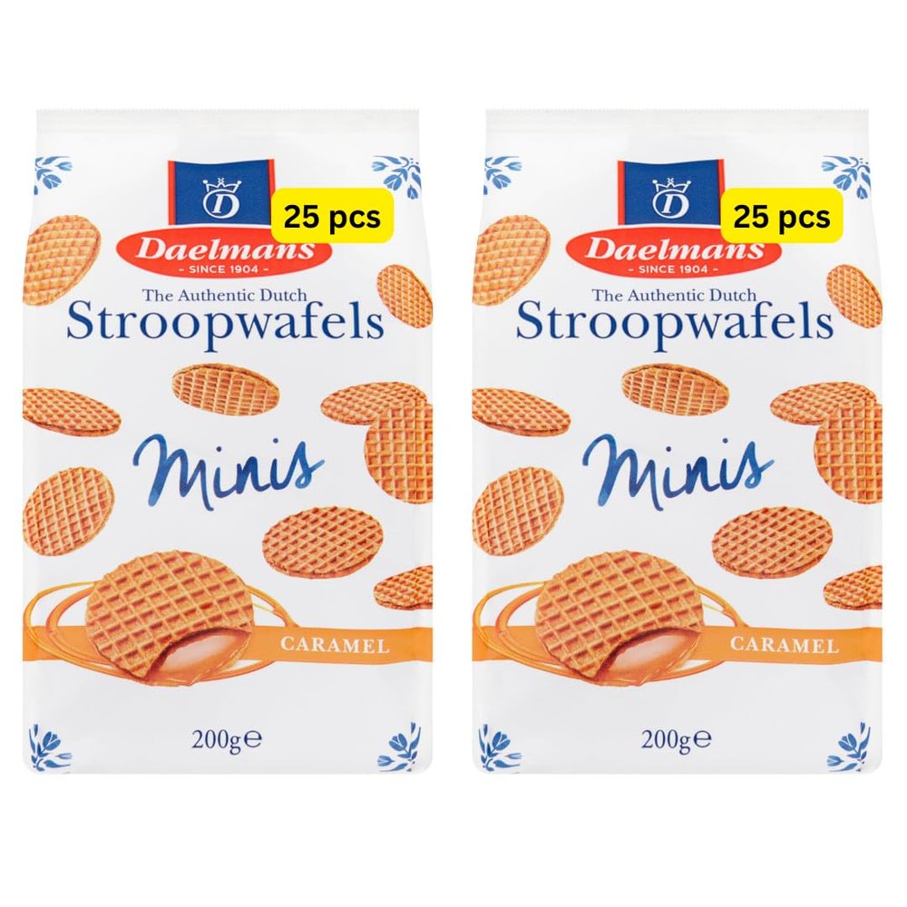 Dutch Stroopwafels, Mini Caramel, 2 x 200g Packs, 25 Pieces per Pack (2x200g)