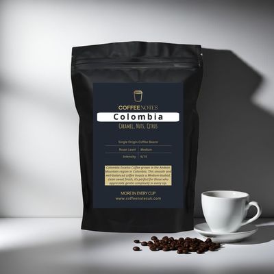 Coffee Notes Colombia Excelso Single Origin Coffee Beans, Medium Roast, 6/10 Intensity, Caramel, Nuts &Citrus, for espresso, filter & lattes. (1 Kg, Ground for Filter)