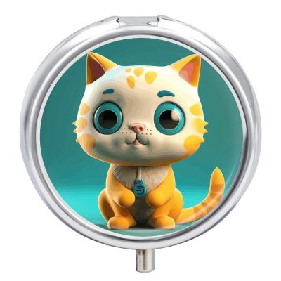 Blue Eyes Cat Pill Box 3 Compartment Travel Pill Organizer 3 Times A Day Cute Mini Pill Case for Purse & Pocket Portable Metal Medicine Box with Mirror Round Daily Medicine Vitamin Container
