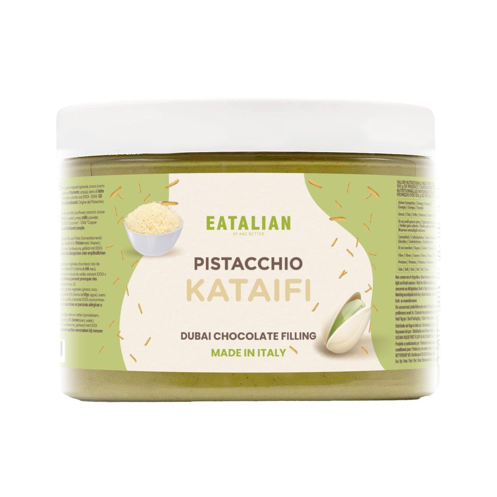 EATALIAN by AMZ BETTER Pistachio Cream with Kataifi, Delicious Spreadable Cream with a Unique Taste, Ideal on Bread, Perfect with Ice Cream, Chocolate and Dubai Chocolate, 500 g, Made in Italy