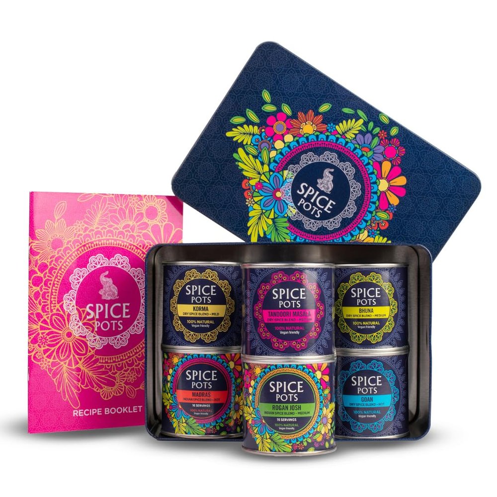 Spice Pots Indian Spice Gift Set with Recipe Book 6 Curry Blends & 35 Easy Recipes Indian Cooking Kit in Reusable Storage Tin 2430 Family Meals Fathers Day Gift Vegan & Gluten Free