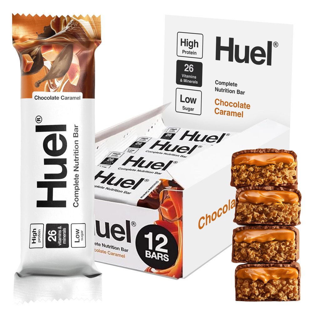 Huel Complete Nutrition Bar, 12 x 55g Bars, Chocolate Caramel, High Protein Bar, Plant-Based Protein Bars, Low Sugar, High Fibre, High Protein Snack with Vegan Chocolate, Under 200 Calories