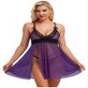 dPois Womens Lace Trim Lingerie Sheer Mesh Babydoll Deep V Neck Nightwear Dress Chemise With Thong Purple XL