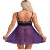 dPois Womens Lace Trim Lingerie Sheer Mesh Babydoll Deep V Neck Nightwear Dress Chemise With Thong Purple XL view 2