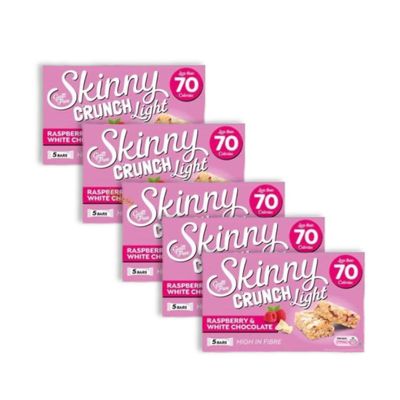 Skinny Crunch Light Raspberry & White Chocolate Cereal Bars Less Than 70 Calories, High Fibre, Vegetarian Healthy Snack (5x Skinny Crunch Raspbry/wht 95g, Raspberry and White Chocolate)