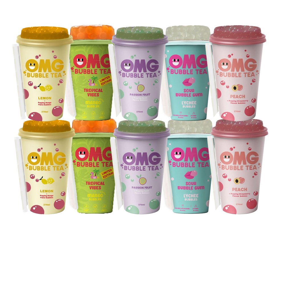OMG Bubble Tea Fruit Juice Drinks with Nata De Coco 270ml Mixed Flavours (10 Cups with 5 Flavours) Vegetarian & Vegan Friendly