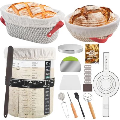 Foedo Sourdough Starter Kit, Sourdough Bread Baking Supplies with 40oz Jar, 10" & 11" Cotton Banneton Proofing Baskets Set - Artisan Bread Tools, Silicone Sling for Homemade Sourdough Baking