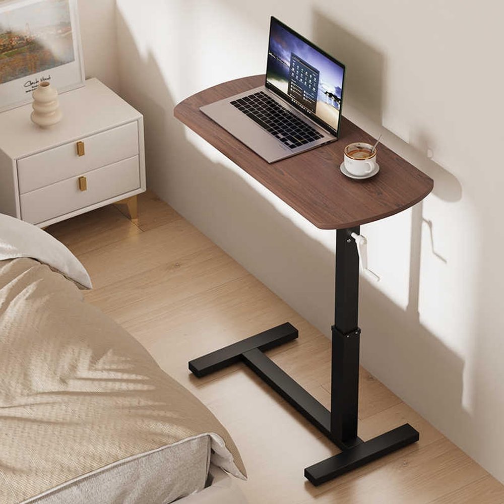 HARELA Overbed Bedside Table with Wheels Adjustable Height, Mobile Standing Workstation Laptop Cart Overbed Desk Laptop Desk for Hospital and Home Use(Dark Brown)