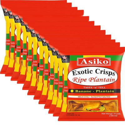 Africa Select 12X 75g Exotic Crisps Ripe Plantain Chips Asiko - Taste 'n' Tell Mild Chili & Lightly Salted Banana-Plantain Crisps 75g