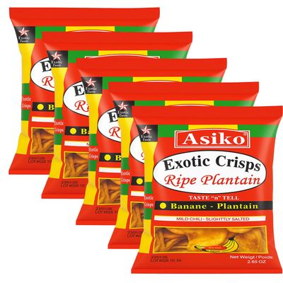 Africa Select Asiko Exotic Crisps Ripe Plantain Chips 5 X 75g - Taste 'n' Tell Mild Chili & Lightly Salted Banana-Plantain Snack