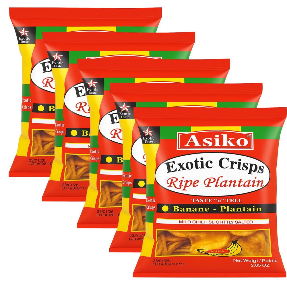 Africa Select Asiko Exotic Crisps Ripe Plantain Chips 5 X 75g - Taste 'n' Tell Mild Chili & Lightly Salted Banana-Plantain Snack