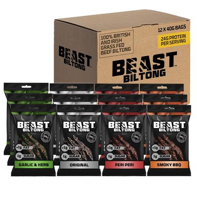 Beast Pharm | Biltong Beef Protein Snacks 12 Pack, 24g Protein per 40g Bag, Meat Keto Snacks Food | 4 Assorted Flavours