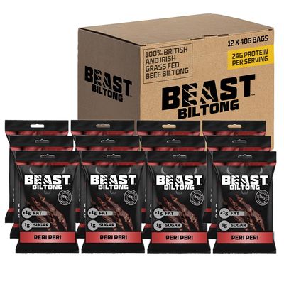 Beast Pharm | Biltong Beef Protein Snacks 12 Pack, 24g Protein per 40g Bag, Meat Keto Snacks Food | Peri Peri Flavour