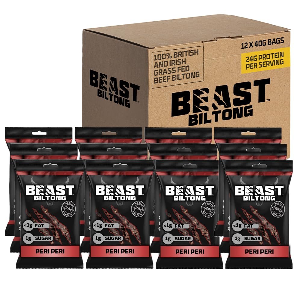 Beast Pharm | Biltong Beef Protein Snacks 12 Pack, 24g Protein per 40g Bag, Meat Keto Snacks Food | Peri Peri Flavour