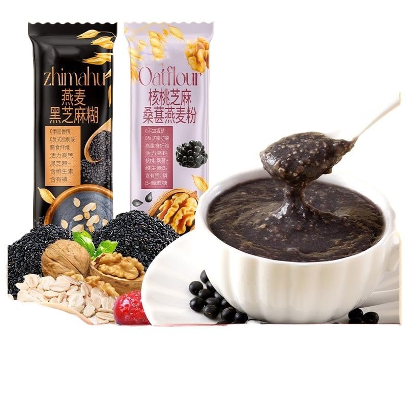 Black Sesame Walnut Mulberry Powder,Oat Soup, Healthy Nutritious Breakfast,Whole Grain Meal Replacement,Delicious Chinese Snack Gifts (Oat black sesame paste,11 bags)