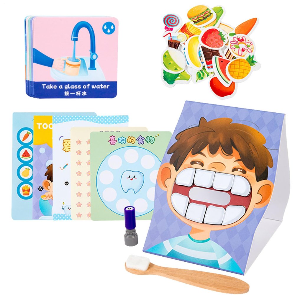 Teeth Brushing Game - Kids Brushing Set, Kids Toy | Colorful Poster with Toothbrush and Mortar Model Used to Teach Proper Techniques and Hygiene Routines in Fun Interactive Play