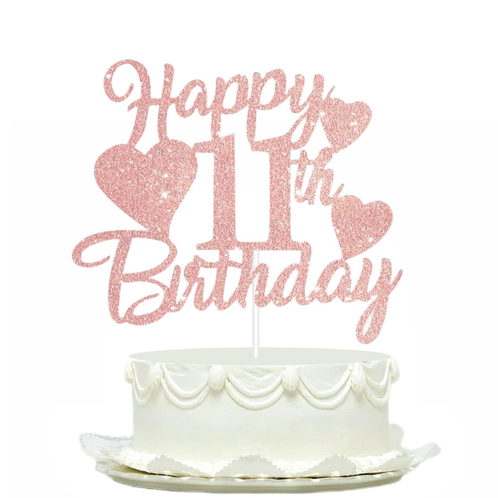 11th Birthday Cake Topper Decorations for Girls Pink Glitter Happy 11th Birthday Cake Decoration