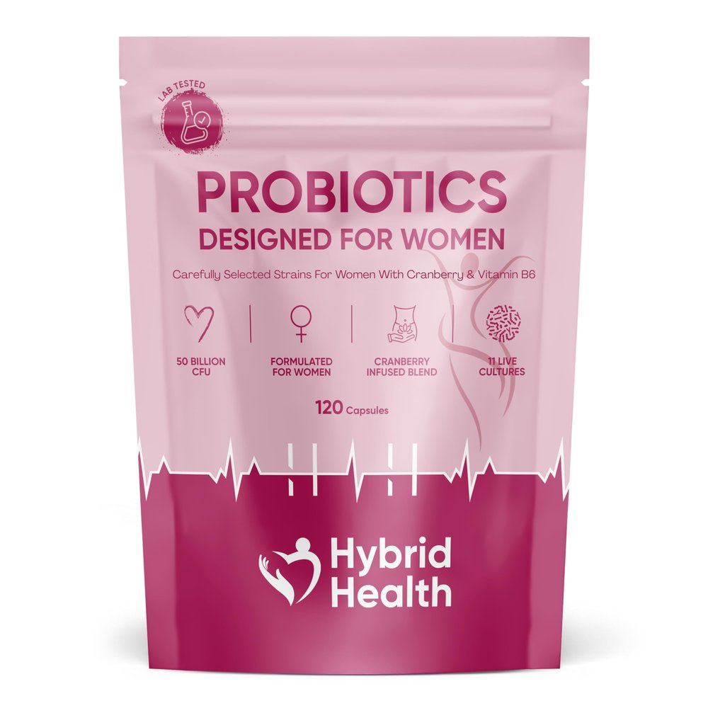 Hybrid Health Probiotics for Women Supplement - 50 Billion CFU Womens Probiotics, 120 Vegan Capsules, 11 Probiotic Researched Strains with Prebiotics, Cranberry Extract & Vitamin B6