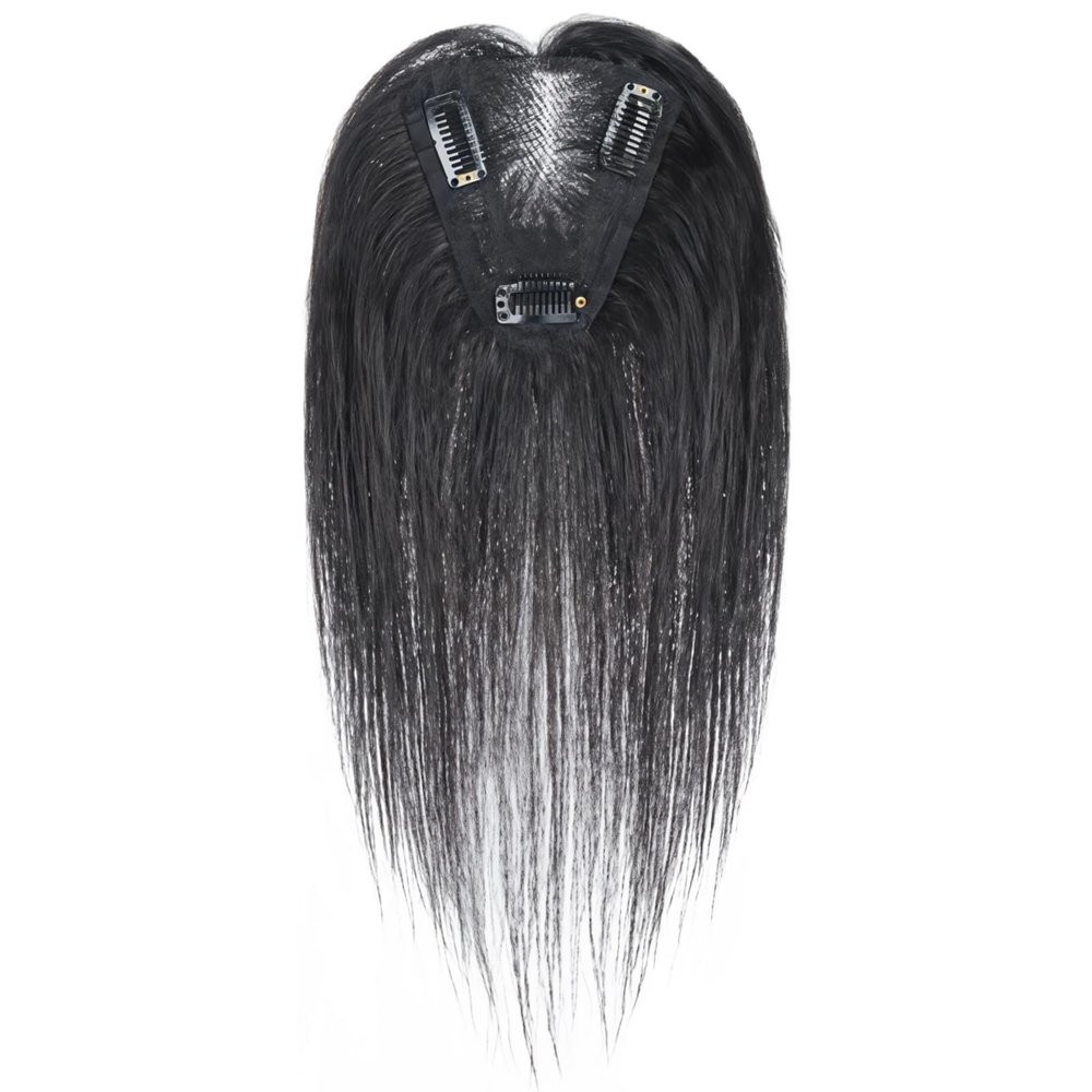 10-Inch Human Hair Clip-in Topper, Natural Black, Hand-Tied with Secure Clips, Ideal for Thinning Hair, Versatile for Styling