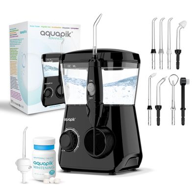 Aquapik ADVANCED Oral Irrigator | Ideal for Orthodontics, Implants and Sensitive Gums | Whitening Kit + 8 Nozzles | 10 Pressure Levels | Dentist Recommended (Black)