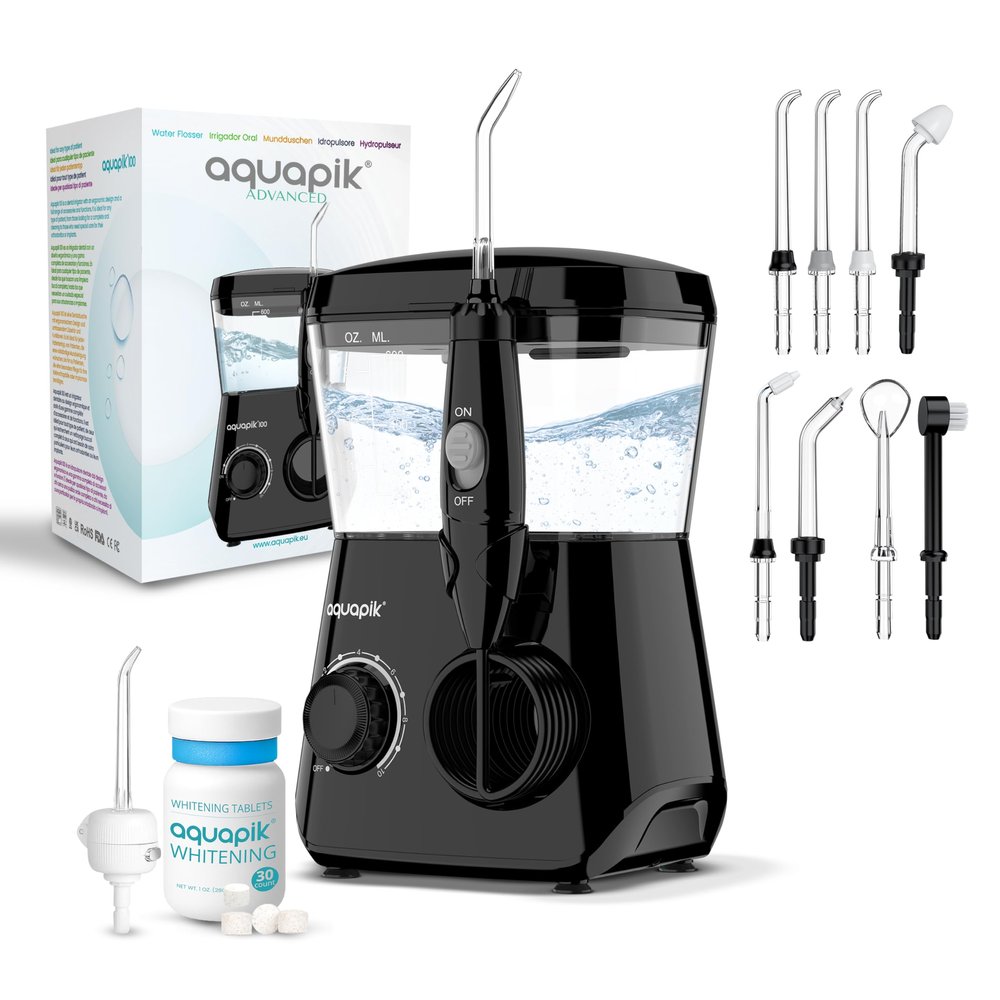 Aquapik ADVANCED Oral Irrigator | Ideal for Orthodontics, Implants and Sensitive Gums | Whitening Kit + 8 Nozzles | 10 Pressure Levels | Dentist Recommended (Black)