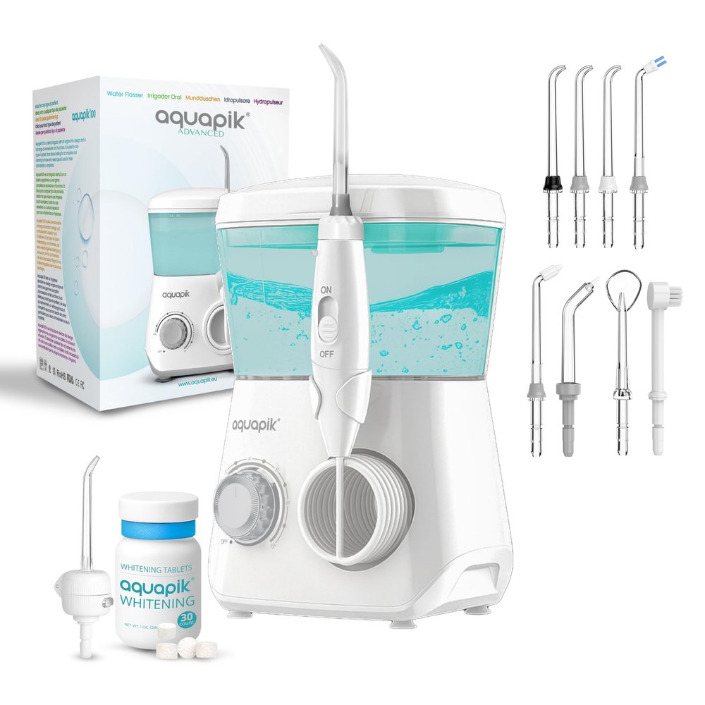 Aquapik Advanced Oral Irrigator | Ideal for Orthodontics, Implants and Sensitive Gums | Whitening Kit + 8 Nozzles | 10 Pressure Levels | Dentist Recommended White