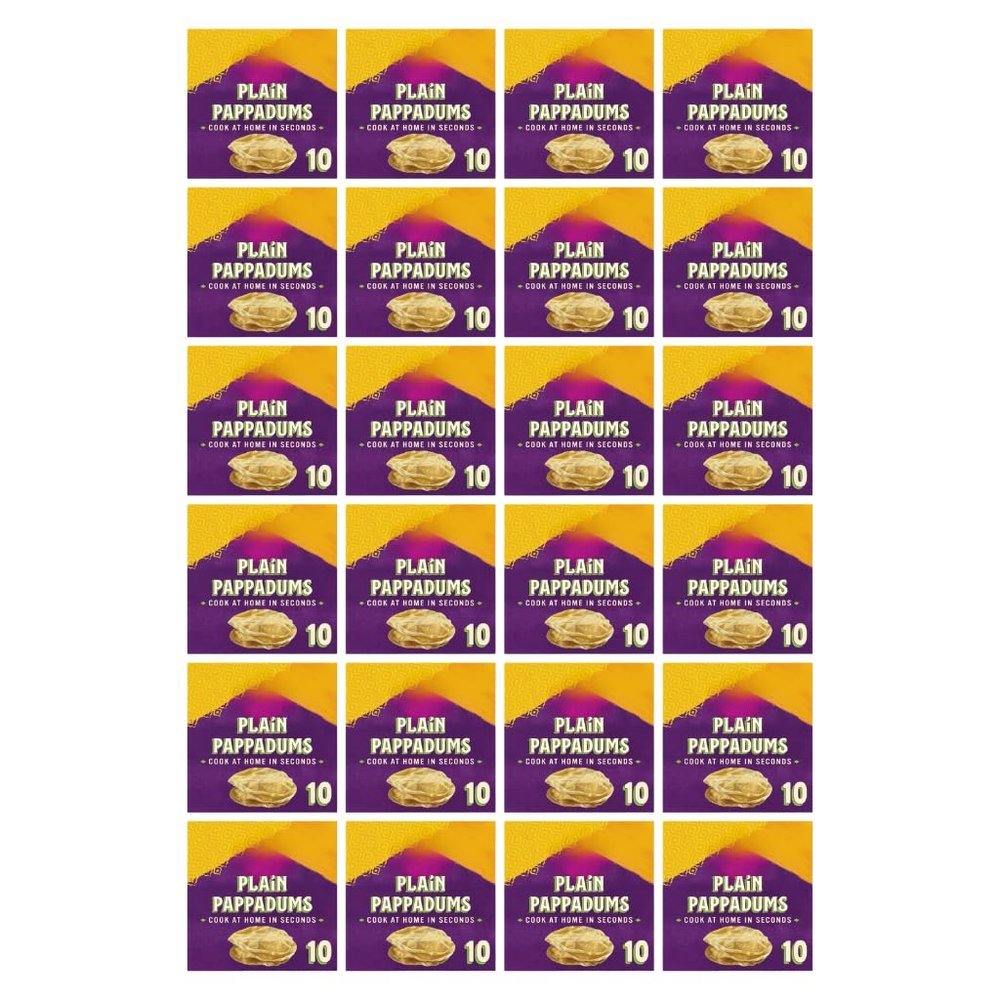 PTK Original Pappadum 10 Easy to Cook Microwavable Fryable Plain Puppadums with No Artifical Colours, Flavours, or Preservatives 100g Box Suitable of Vegetarians (24 Boxes, Total 240 Pappadums)